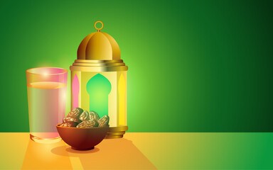 Vector illustration of a bowl of dates, a lantern and a glass of water against the green backdrop, tradition of breaking fast during Ramadan and traditional Islamic hospitality