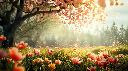 Beautiful natural landscape with blooming spring flowers, signaling the arrival of Easter