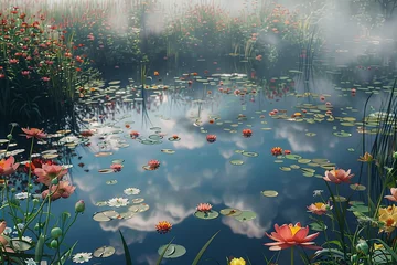 Foto op Canvas A dreamlike pond scene emerges amidst a soft haze, with floating water lilies and blossoms adding splashes of color to the tranquil waters. © Maria