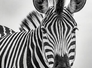 Fototapeta na wymiar Zebra on white background. Black and white photography. 3d rendering illustration design.
