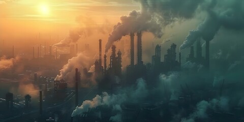 Industrial factory polluting city skyline with smog harming environment and air quality. Concept Pollution, Industrialization, Environmental Impact, Smog, Air Quality - obrazy, fototapety, plakaty