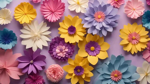 Looped 4K Video: Top Down View of 3D Paper Flowers Blooming on Light Purple Background (Spring, Easter, Mother's Day, Birthday, Teacher Appreciation, DIY Crafts)