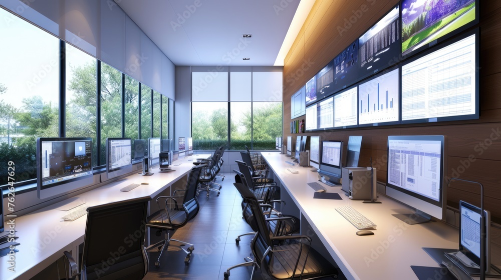 Poster in an office building, a row of computer monitors sits on a desk, creating a symmetrical display. th