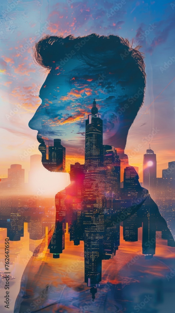 Poster a double exposure featuring a mans face overlaid with the cityscape in the background. the mans feat