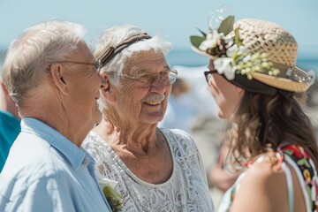 A senior person in a lace top shares a joyful conversation with a young lady wearing a decorative hat at a beach event.