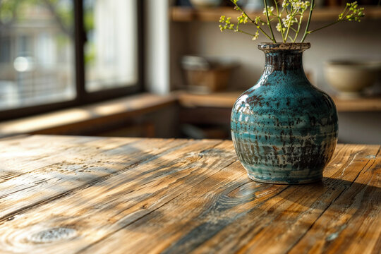 Blue glazed ceramic vase with yellow wildflowers on a wooden table in front of window sunlight background. High quality photo