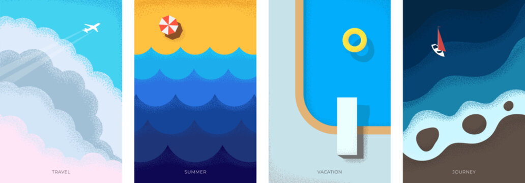 Abstract retro minimal summer travel poster set. Plane flies in clouds on holiday vintage print. Yacht on sea and beach with swimming pool on vacation trendy minimalist eps placard. Summertime journey