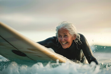 Sunlight sparkles on the water as an elderly woman surfs with a vibrant smile, celebrating life's simple pleasures.