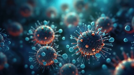 Digital illustration of virus particles in high detail, showcasing spikes on the viral envelope with a dramatic, dark background. - obrazy, fototapety, plakaty