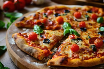 Close-up of a supreme pizza topped with pepperoni, olives, cheese, and cherry tomatoes, garnished with fresh basil leaves.