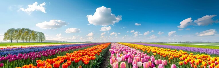 A field of flowers with a blue sky in the background. The flowers are in a rainbow of colors and are arranged in rows