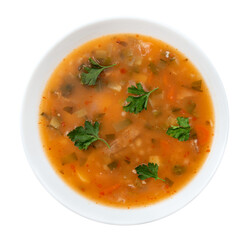 White plate with vegetable soup on a white background. View from above. Isolate plates with meat soup