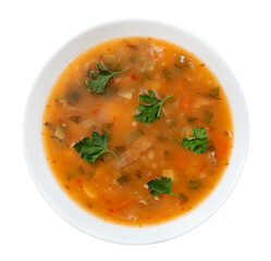 White plate with vegetable soup on a white background. View from above. Isolate plates with meat soup