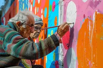 Fotobehang A senior couple adorns a vibrant mural, their hands painting a legacy of color and creativity on the urban canvas. © Maria