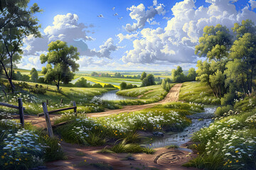 Obraz premium An enchanting countryside path with a wooden bridge over a meandering river invites onlookers to a peaceful journey amidst a sunlit pastoral landscape.