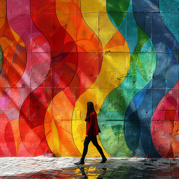 Vibrant urban scene with colorful walls and walking person