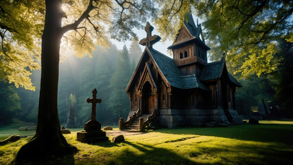 Whispers of Eternity: The Ancient Stave Church in Morning Light - obrazy, fototapety, plakaty