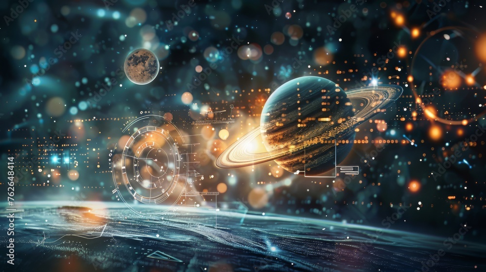 Poster multiple planets are surrounded by a vast number of stars in the outer space. the planets vary in si