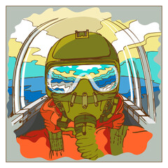 A fighter pilot in a helmet and an oxygen mask in the cockpit of an airplane. Original stylization. Vector illustration