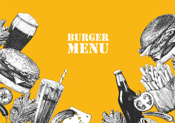 Burger Menu. Hand-drawn illustration of dishes and products. Ink. Vector