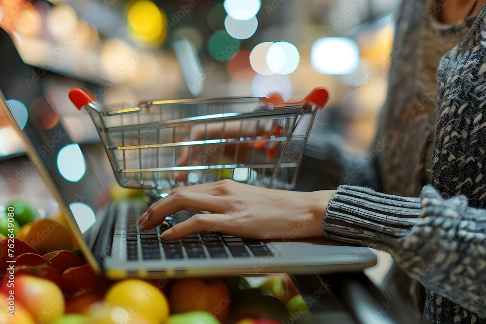 Poster exploring a virtual marketplace through online shopping and digital transactions on laptop. concept 