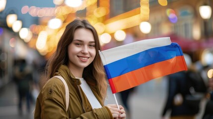 Smiling woman holding a Russian flag on a city street at dusk