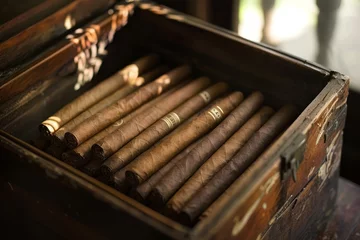 Zelfklevend Fotobehang Cuban cigars in a wooden box, close-up, selective focus © Dina