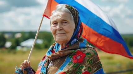 An elderly lady proudly holds a Russian flag - obrazy, fototapety, plakaty