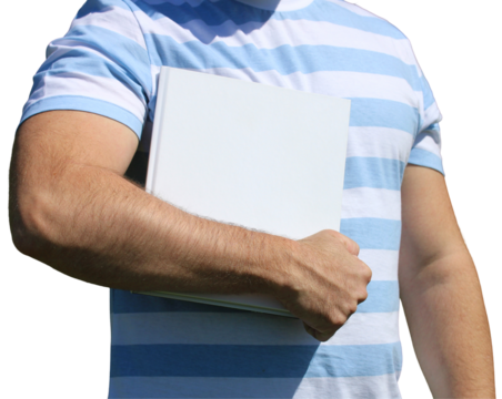 man is holding a book or album with an empty cover. mockup, the creator of the scene. isolate, cut out. - Powered by Adobe