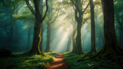 Whispers of Light in the Enchanted Forest Path - obrazy, fototapety, plakaty