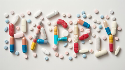 An assortment of colorful pills and capsules arranged to spell 'LOVE,' symbolizing care in healthcare