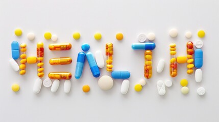 Various pills and capsules creatively arranged to form the word 'HEALTH' on a white backdrop