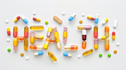 A dynamic and random arrangement of pills and capsules on a clean white surface