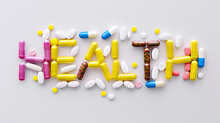 An eye-catching display of pills and capsules spelling out 'HEALTH,' emphasizing wellbeing
