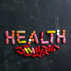 Multicolored pills creatively arranged to form the word HEALTH against a dark, textured background, depicting healthcare
