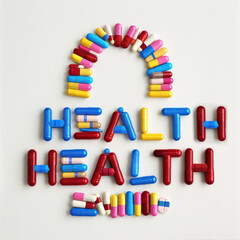 A vibrant display of various pills and capsules spelling out the word HEALTH, symbolizing medical care and personal wellbeing