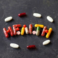 Close-up of pills and capsules of various colors and sizes spelling HEALTH on a black background, representing medical themes