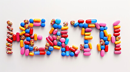 Pills and capsules creatively displayed to spell the word 'HEALTH' over a white backdrop