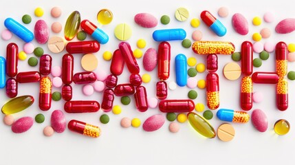 A diverse mix of colorful pills and capsules spelling 'HEALTH' against a pristine white background