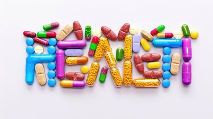 Close-up view of a colorful collection of pills and capsules forming the word 'HEALTH'