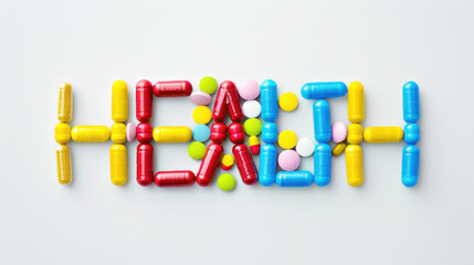 A variety of colorful pills and capsules arrange neatly to spell HEALTH on a clean white surface