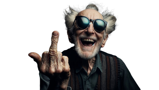 Senior man in sunglasses gesturing disrespectfully against transparent background
