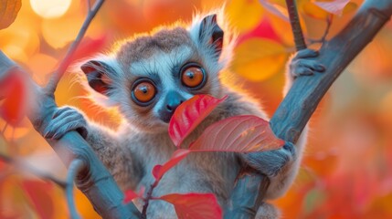  A photo of a monkey eating a leaf in front of a fuzzy backdrop - obrazy, fototapety, plakaty