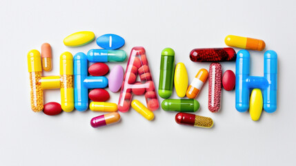 Various pills, & tablets spelling HEALTH isolated on a white background