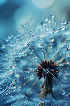 Dandelion with water drops close-up. Nature background ,Dandelion Seeds in droplets of water on blue and turquoise beautiful background with soft focus in nature macro. Drops of dew sparkle on dandel
