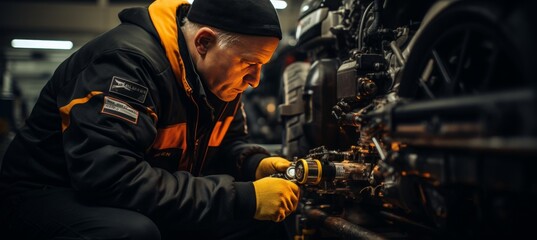The mechanic carefully checks the car engine, the diagnostic process in the car engine