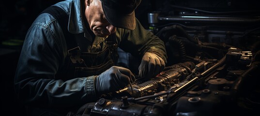 Fototapeta na wymiar The mechanic carefully checks the car engine, the diagnostic process in the car engine