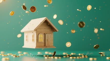 A wooden house model surrounded by flying coins against a teal background