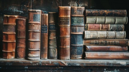 A stack of vintage leather-bound books, their weathered pages exuding the wisdom of ages past, arranged in a solemn yet inviting manner.