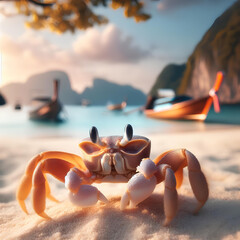 Fototapeta na wymiar crab on tropical beach on blurred tropical island background